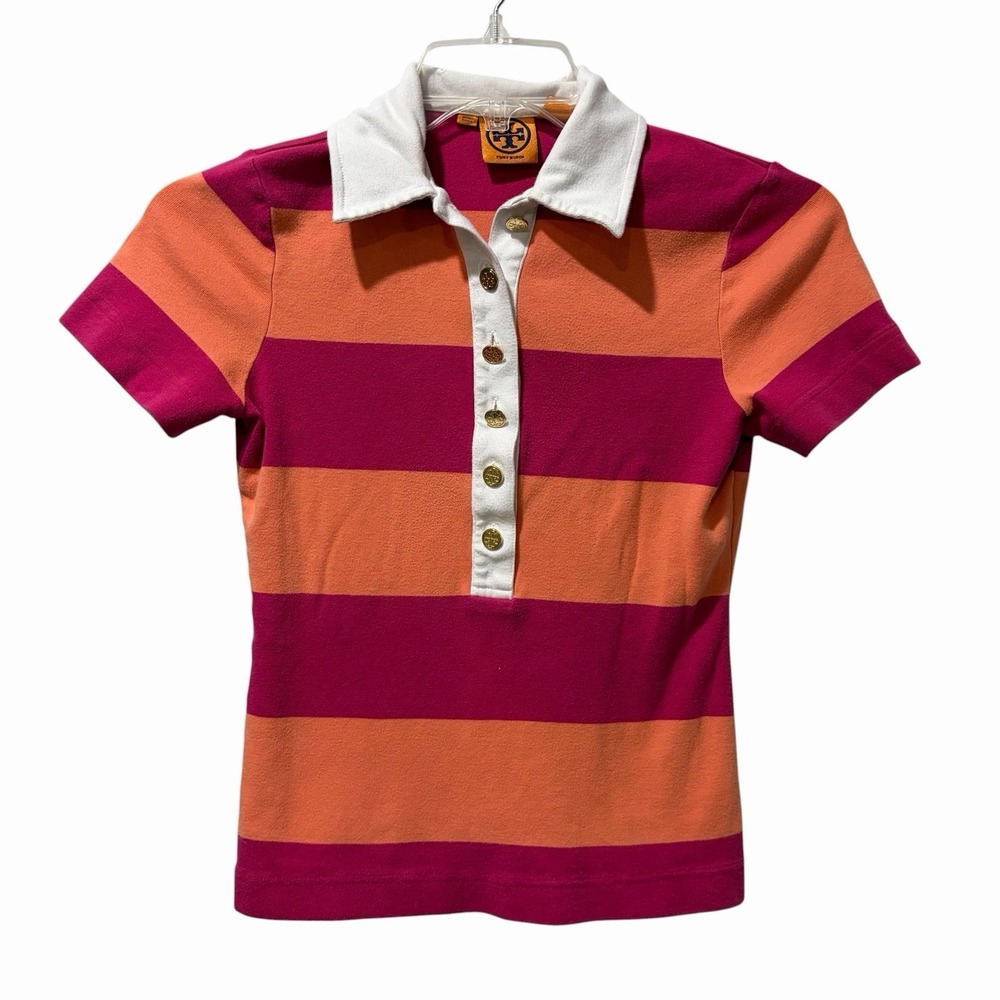 Tory Burch pink and Orange striped‎ polo tee Small Gold Buttons Cotton Preppy